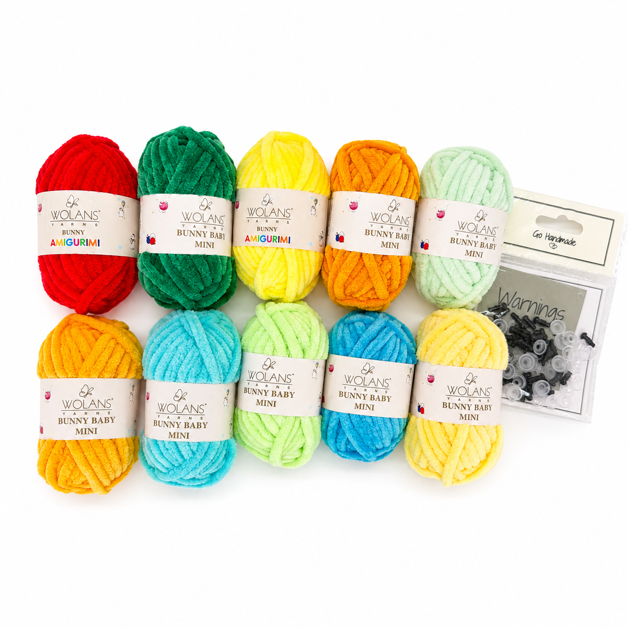 Rainbow Bright Amigurumi Yarn Kit — 10 Bunny Baby Mini Skeins + Safety Eyes