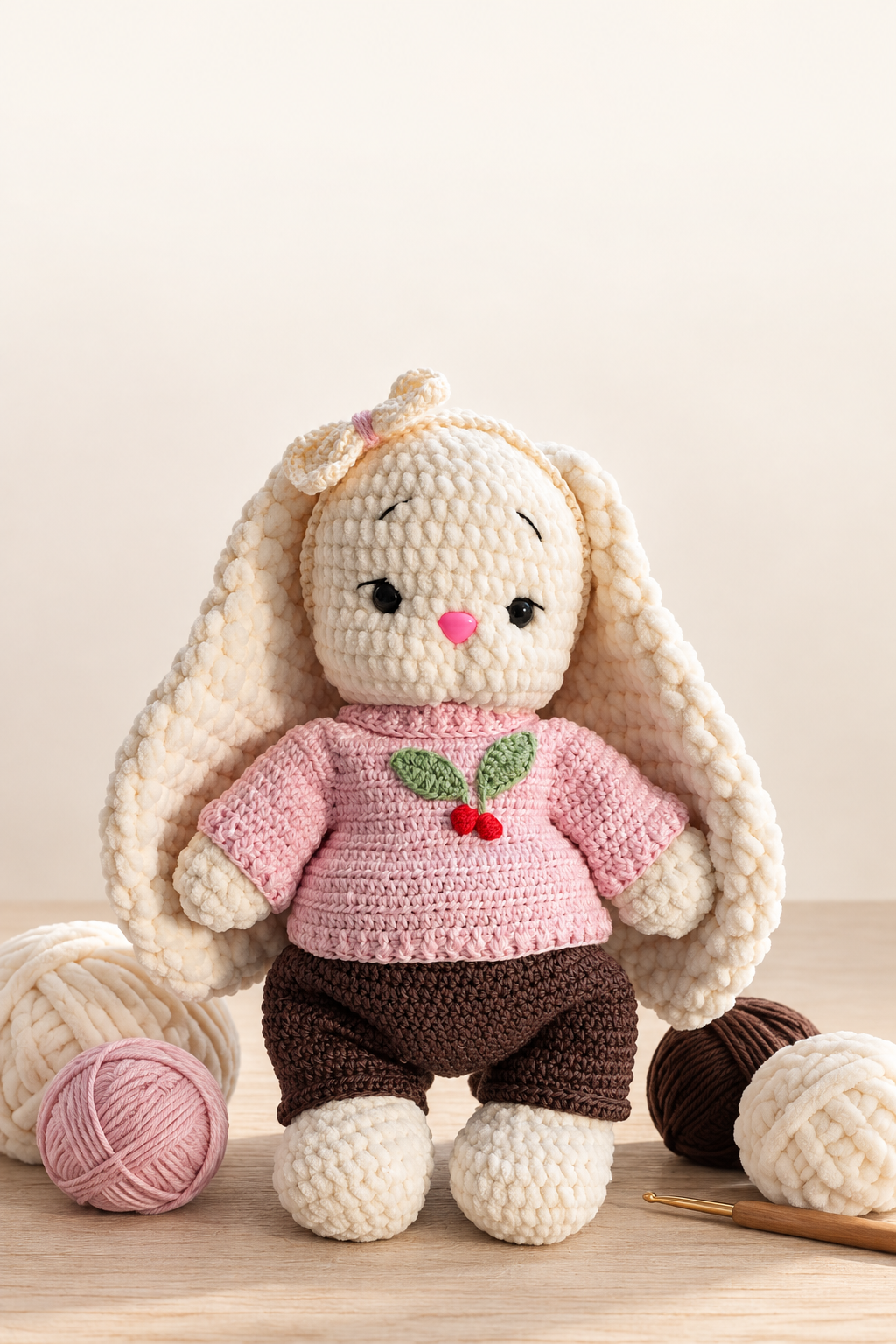 Crocheted amigurumi bunny made with cream plush chenille and pink and brown cotton yarn