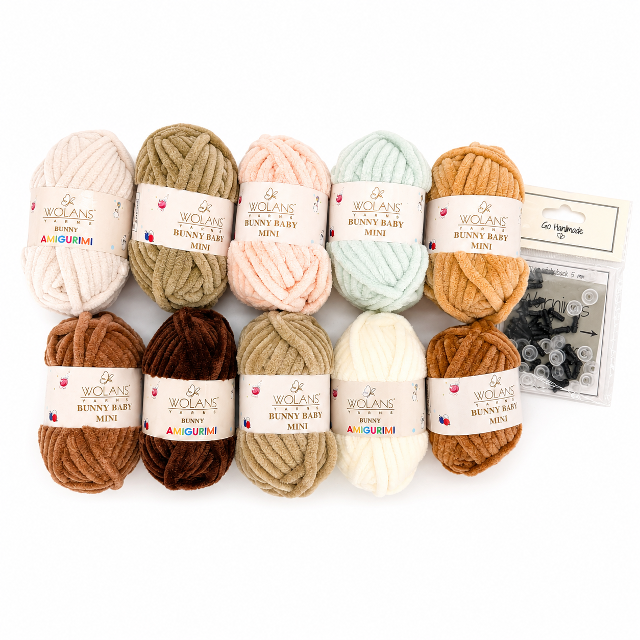 Latte Neutrals Amigurumi Yarn Kit — 10 Bunny Baby Mini Skeins + Safety Eyes