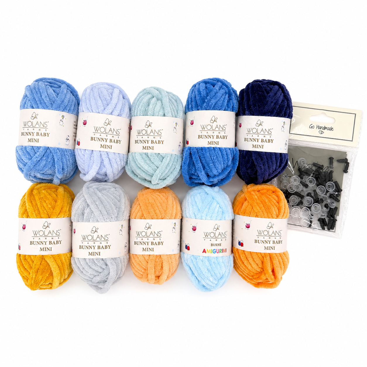 Seaside Amigurumi Yarn Kit — 10 Blue & Orange Bunny Baby Mini Skeins + Safety Eyes