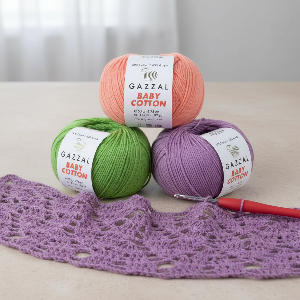 Cotton Yarn with Gazzal Baby Cotton, YarnArt Jeans, and crocheted lace