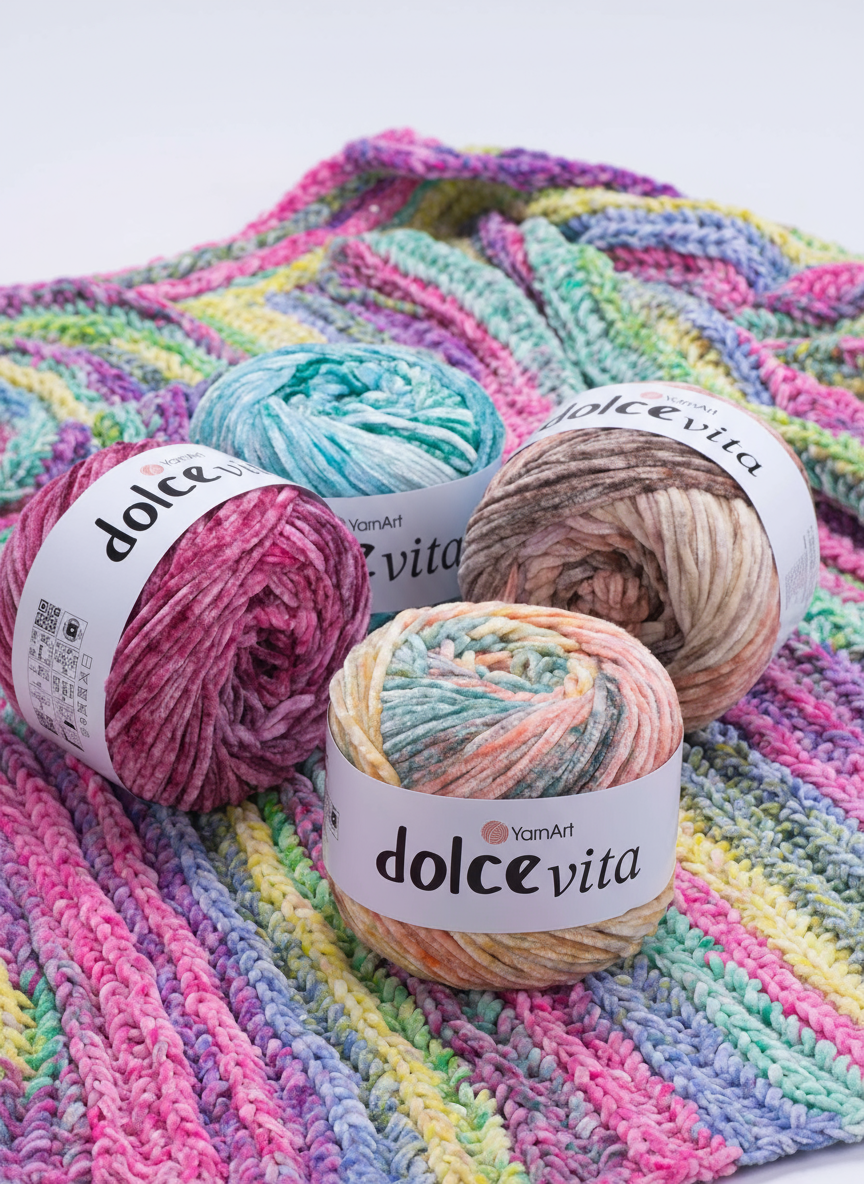 Dolce Vita yarn on colorful blanket