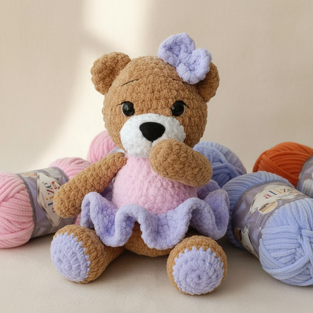 Sitting teddy bear with Alize Velluto yarn