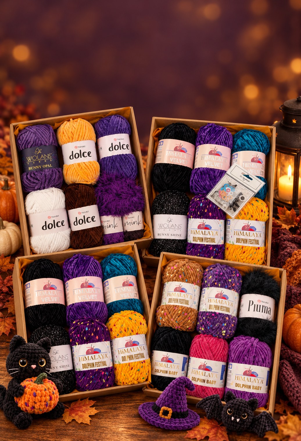 Halloween yarn kits by Vilrita – four boxes of plush chenille yarn with crocheted black cat and bat