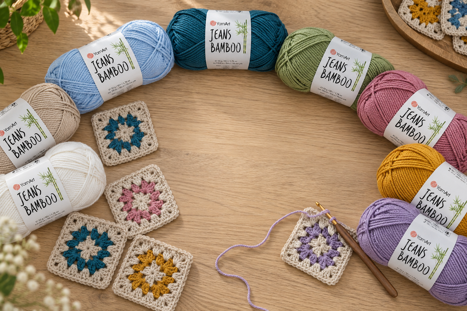 YarnArt Jeans Bamboo yarn balls in a circle with crocheted granny squares on a wooden table