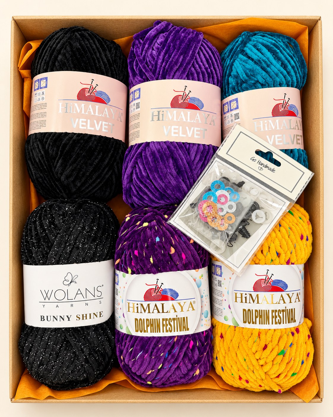 Halloween Yarn Kit Midnight – Himalaya Velvet, Dolphin Festival, Wolans Bunny Shine and glitter safety eyes