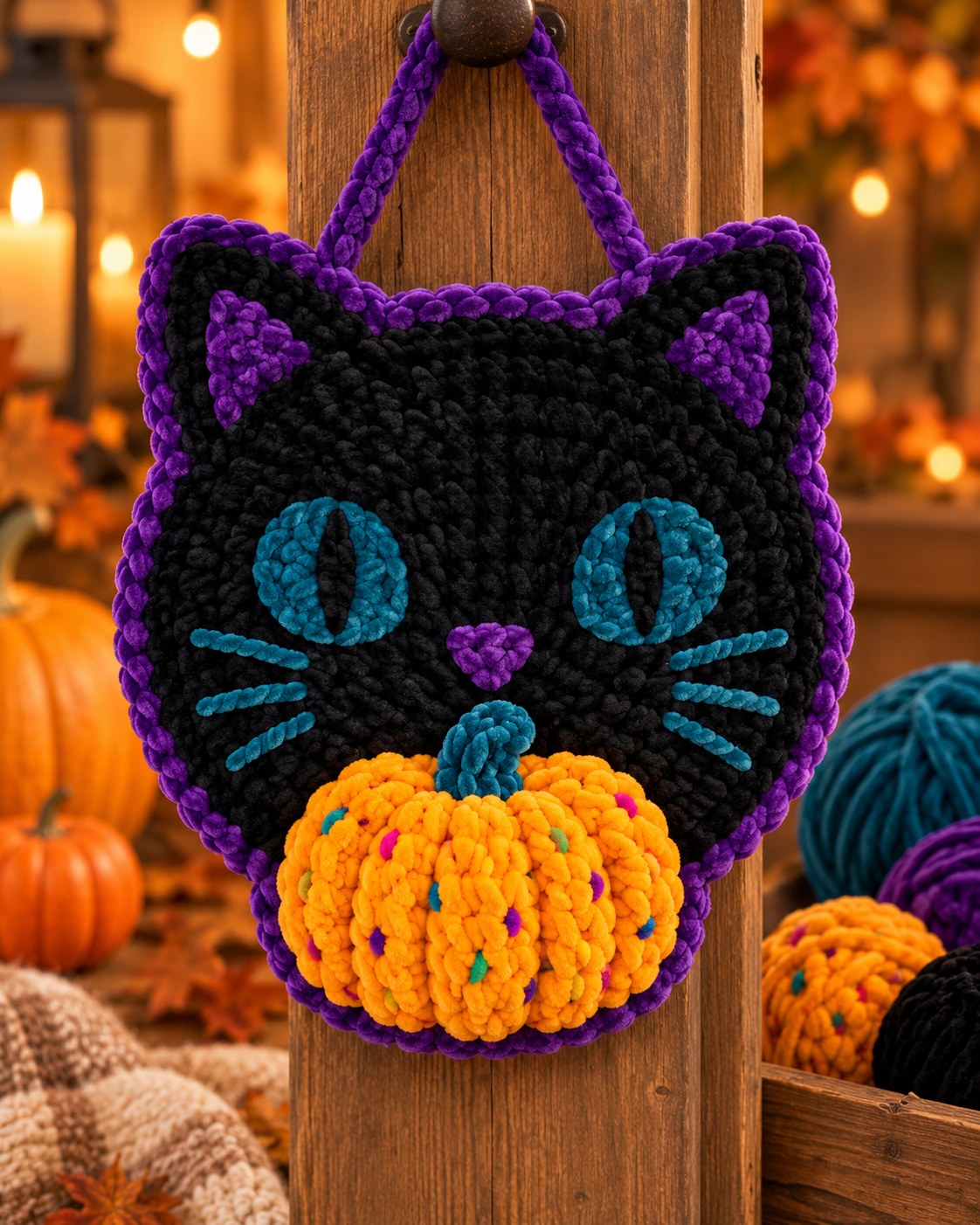 Idea: crochet black cat door hanger with pumpkin – inspiration only, no pattern included